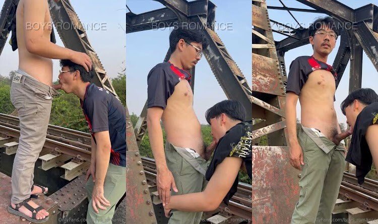 มาOutdoorที่สะพานรถไฟวิ่งผ่านพอดีแต่เงี่ยนมาก 2หนุ่มบอยโรแมนซ์ผลัดกันอมควยโชว์ตื่นเต้น คนบนรถไฟจะเห็นไหมนะ อยากโชว์มาก